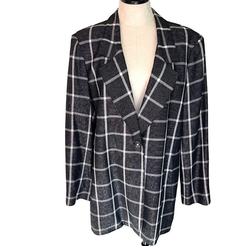 Erez Sport Womens Blazer Black Size Large Vintage Metallic Plaid Rayon Blend